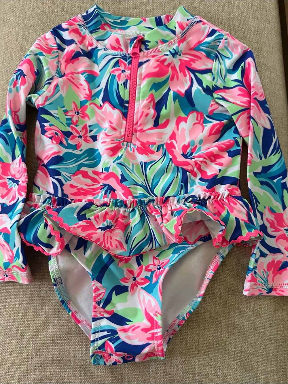 Girls Floral Long-Sleeve Rash Guard One-Piece Swimsuit - Pink & Blue